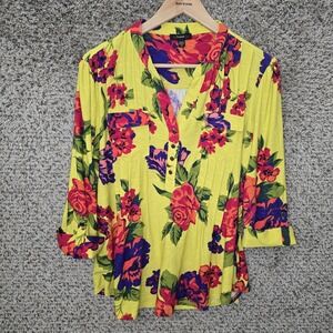 Cocomo Top Womens Medium Yellow Floral Print Pintuck Popover Blouse Casual